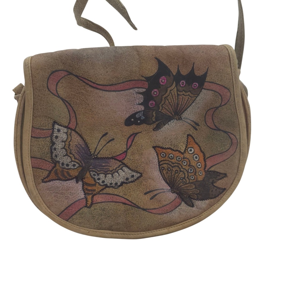 Vintage Hand Painted Leather Butterfly Saddle Bag Boho Crossbody Purse